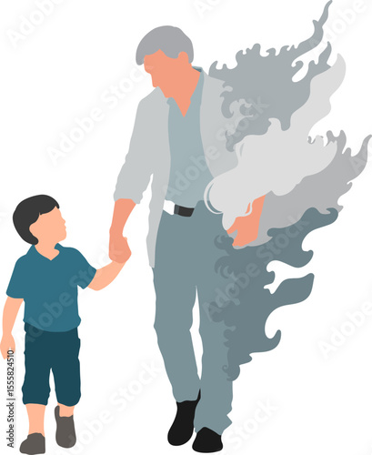 Emotional Vector Illustration of a Boy Holding Hands with a Vanishing Grandfather
