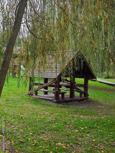 Wooden Shelter Under Willow Tree in Green Park