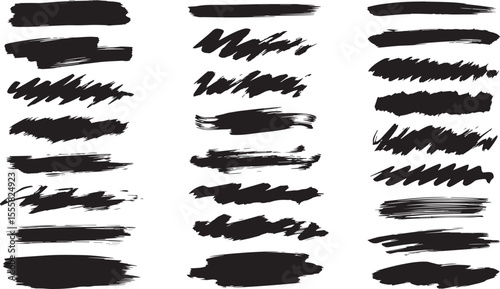 Collection of black ink brush strokes and paint splatters on a white background representing artistic expression and creative design elements