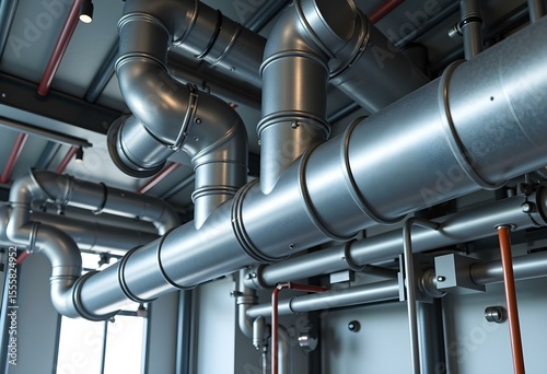 Industrial Air Duct Network – Metal HVAC Ventilation System in Factory Interior

