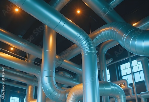 Industrial Air Duct Network – Metal HVAC Ventilation System in Factory Interior

