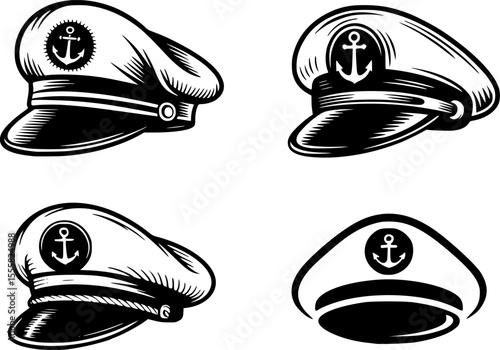 Captain Hat Nautical Vector Set – Vintage Sailor Hat, Ship Captain Cap, Maritime Headwear with Anchor Emblem – Retro Line Art, Distressed Old School Tattoo Style for T-Shirts, Signs and Stickers