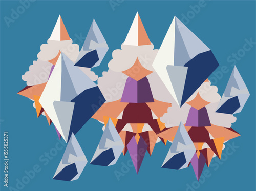 A unique flat vector illustration featuring abstract geometric mountains and fantasy mountain monster creatures with sharp teeth. The design combines icy triangular peaks with imaginative,ggnbvbbh
