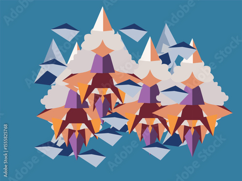 A unique flat vector illustration featuring abstract geometric mountains and fantasy mountain monster creatures with sharp teeth. The design combines icy triangular peaks with imaginative, asasasa