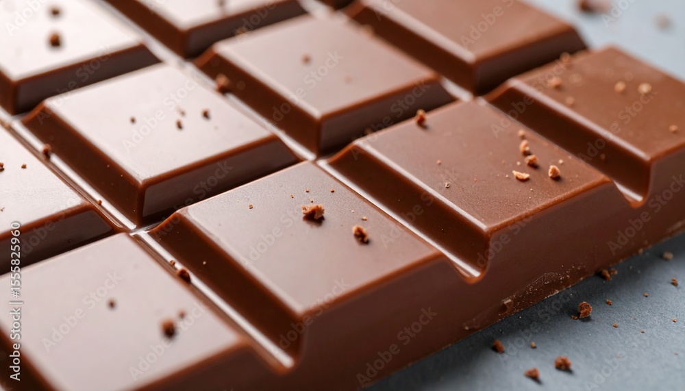 Fototapeta premium Close up of chocolate bar with tiny crumbs and smooth texture in macro view