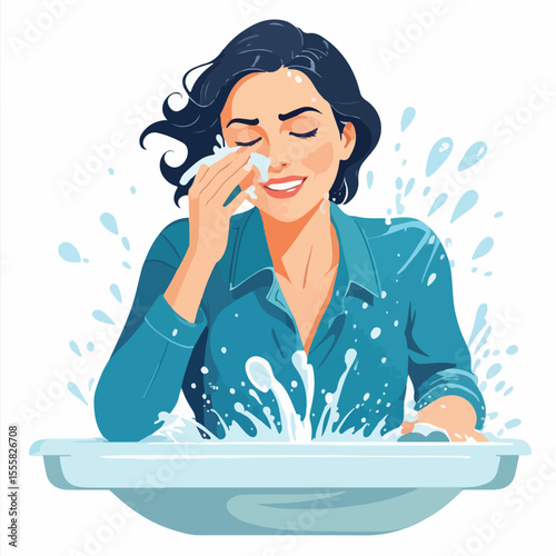 Woman Washing Face in Morning Vector