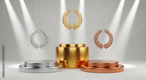 Gold silver and bronze podiums with laurel wreaths under spotlights