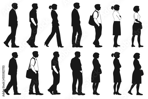 Silhouettes of People Walking and Standing in Line
