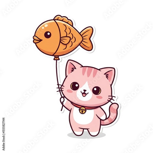 Adorable Pink Cartoon Cat with Goldfish Balloon