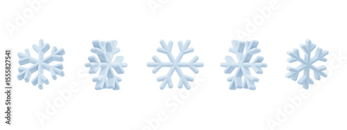 This set features five unique 3D snowflake vector icons shown from different angles. Modern soft shading and cartoon plastic look for winter-themed designs. High resolution and multiple perspectives.