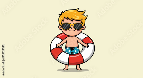 Cool Cartoon Boy Wearing Sunglasses and Swim Ring Ready for Summer