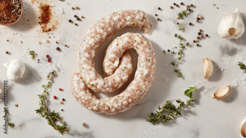 Raw pork sausages twisted into links on a farm kitchen counter, surrounded by coarse-ground pepper, herbs, and garlic bulbs
