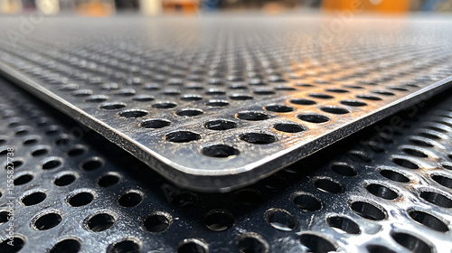 Manufacturing process of perforated metal sheets factory floor industrial content close-up view material characteristics