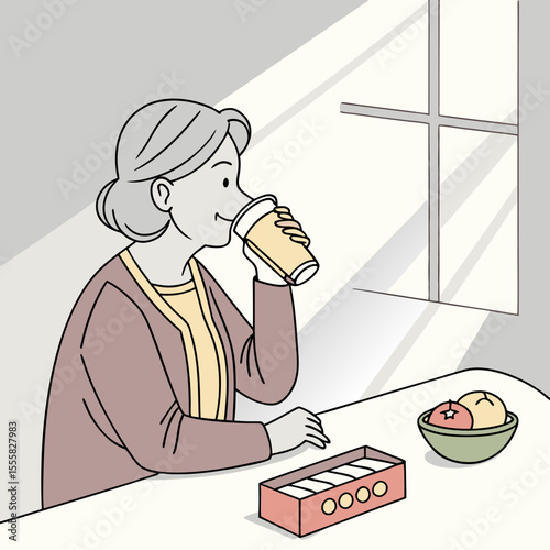 Elderly Woman Drinking Nutritional Shake at Breakfast Table – Flat Vector for Senior Wellness, Diet Planning, and Health Apps