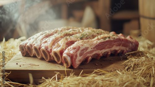Raw pork ribs seasoned with herbs and spices, placed on a wooden butcher board with straw scattered around in a farm kitchen 