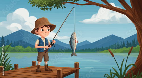 Cartoon Boy Fishing on a Wooden Dock by the Lake