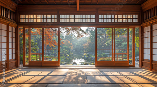 Serene garden view traditional japanese house interior photography tranquil environment natural light zen concept