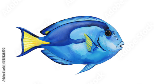 Vibrant Watercolor Painting of a Blue Tang Fish watercolor png, transparent isolated nackground