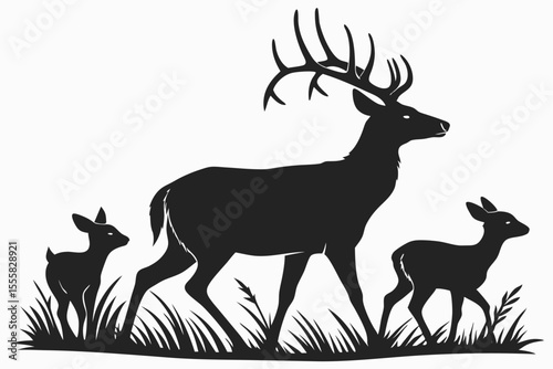 Deer Silhouette with Two Fawn in Grass