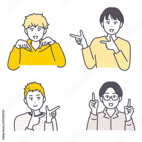 色々な方向を指差す若い男性のイラスト素材