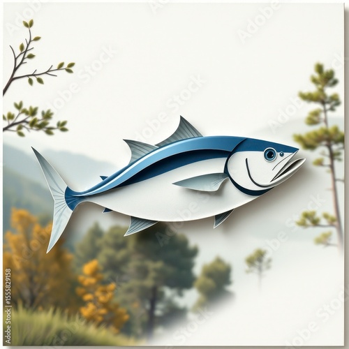 Stylized Tuna Fish Illustration Against Blurred Autumnal Landscape