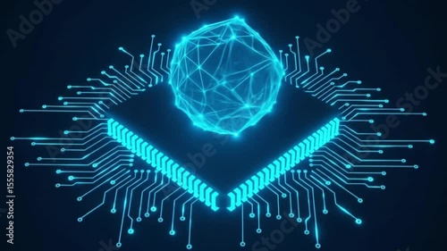Abstract polygonal processor on a circuit board, glowing blue against a dark background