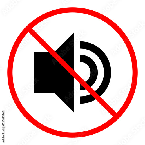 Red circle prohibition sign over a speaker icon, clearly indicating no sound or mute. Universal symbol is perfect for user interfaces, mobile apps, and designs requiring quiet mode representation