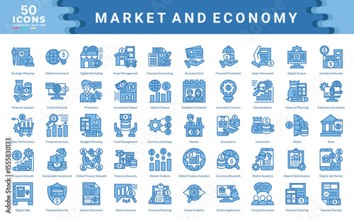 Market And Economy icon collection. Simple blue vector illustration.