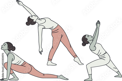 Elegant Flat Yoga Poses r Set for Wellness Design. Women Practicing Yoga in Calm Pastel Background. Fitness and Health Themed Yoga r Illustration. Yoga Poses Clipart Collection in Minimal Flat Style