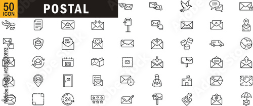 Postal editable outline icon set. Envelope, mail, delivery, courier, postage and more.
