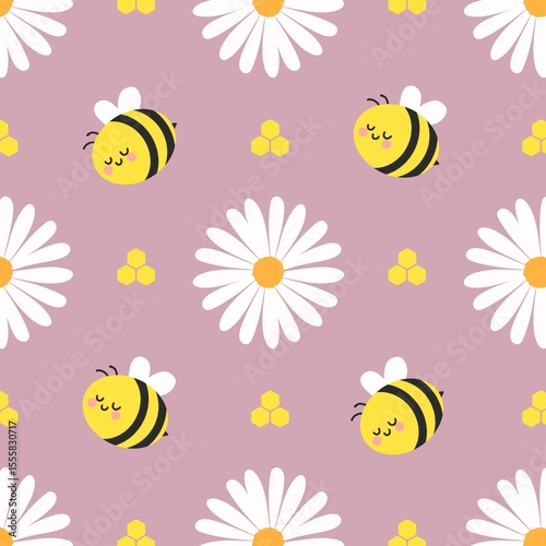 Cute bees, daisies, and honeycomb on a pastel pink background. Adorable spring pattern perfect for kids, nursery, and fabric design.