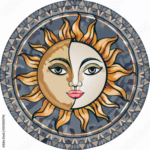 A symmetrical vector mosaic artwork featuring a celestial face made of half sun and half moon, each with distinct emotional expressions. 