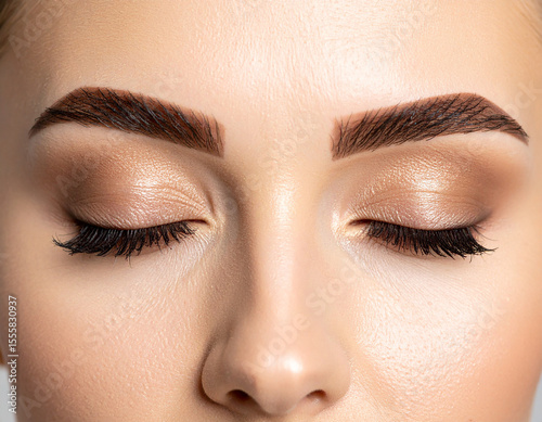 Close up, a woman's eyebrows are neatly and precisely arranged