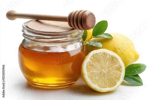 A honey jar with wooden dipper, next to lemon slices, isolated on white background.