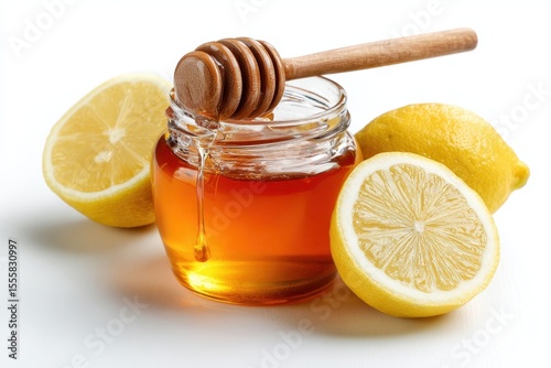 A honey jar with wooden dipper, next to lemon slices, isolated on white background.