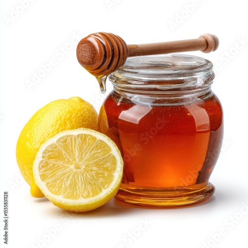 A honey jar with wooden dipper, next to lemon slices, isolated on white background.
