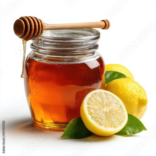 A honey jar with wooden dipper, next to lemon slices, isolated on white background.