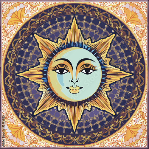 A symmetrical vector mosaic artwork featuring a celestial face made of half sun and half moon, each with distinct emotional expressions. 