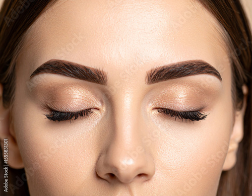 Close up, a woman's eyebrows are neatly and precisely arranged