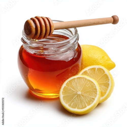 A honey jar with wooden dipper, next to lemon slices, isolated on white background.