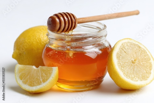 A honey jar with wooden dipper, next to lemon slices, isolated on white background.