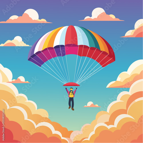 skydiver free-falling through clouds with parachute icon in background