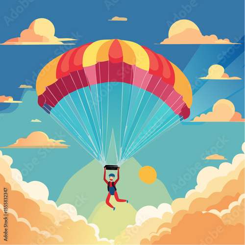 skydiver free-falling through clouds with parachute icon in background