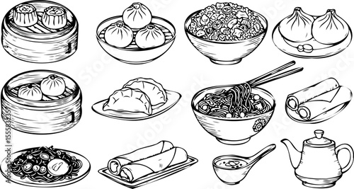 A collection of hand-drawn illustrations showcasing various popular Chinese dishes, including dumplings, noodles, and rice.