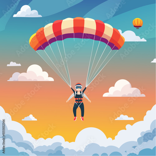 skydiver free-falling through clouds with parachute icon in background