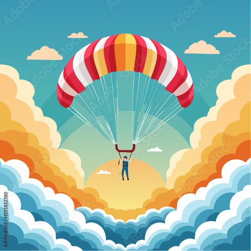 skydiver free-falling through clouds with parachute icon in background