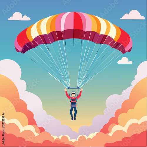skydiver free-falling through clouds with parachute icon in background