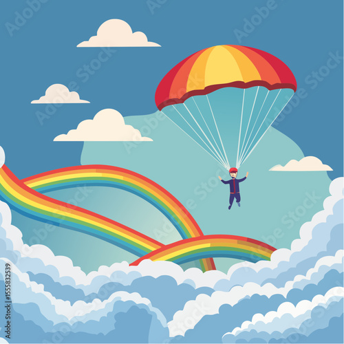 skydiver free-falling through clouds with parachute icon in background
