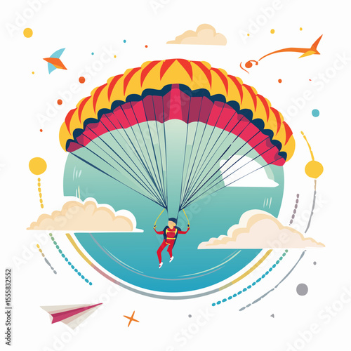 skydiver free-falling through clouds with parachute icon in background