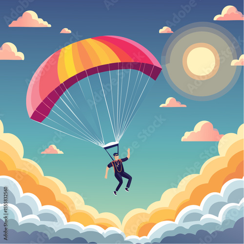 skydiver free-falling through clouds with parachute icon in background